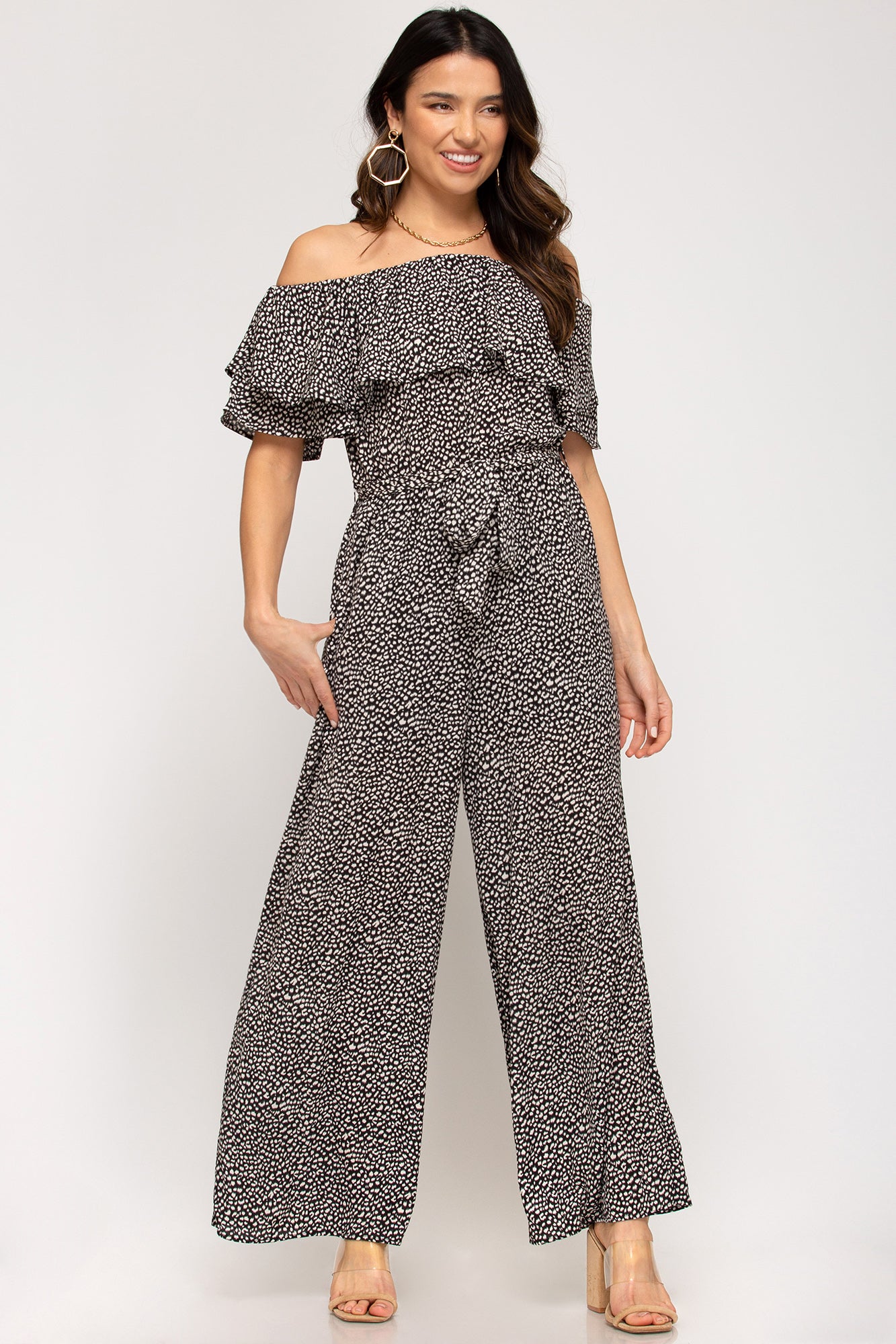 Off-the-shoulder ruffled woven printed jumpsuit with waist sash and lining  Ivy and Pearl Boutique S Black 