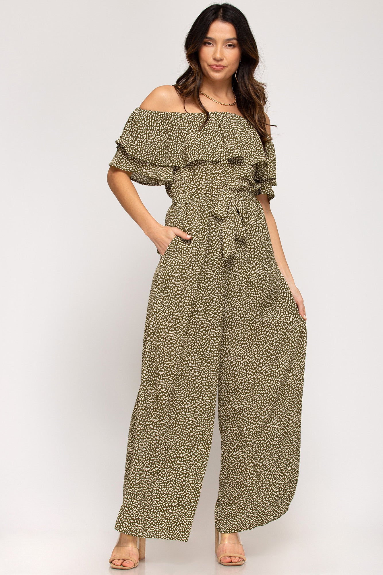 Off-the-shoulder ruffled woven printed jumpsuit with waist sash and lining  Ivy and Pearl Boutique   
