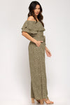 Off-the-shoulder ruffled woven printed jumpsuit with waist sash and lining  Ivy and Pearl Boutique S Olive 