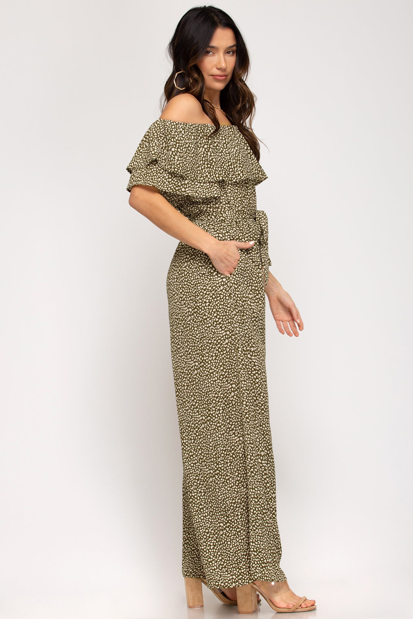 Off-the-shoulder ruffled woven printed jumpsuit with waist sash and lining  Ivy and Pearl Boutique S Olive 