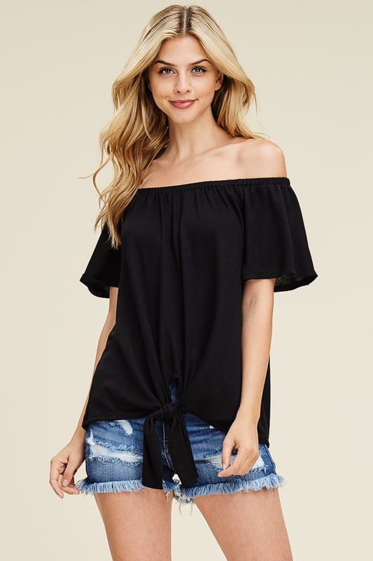 Off the shoulder solid knit top with self tie knot  Ivy and Pearl Boutique Black S 