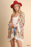 Open Front Flower Bomb Kimono with Lace Trim  Ivy and Pearl Boutique Taupe M/L 