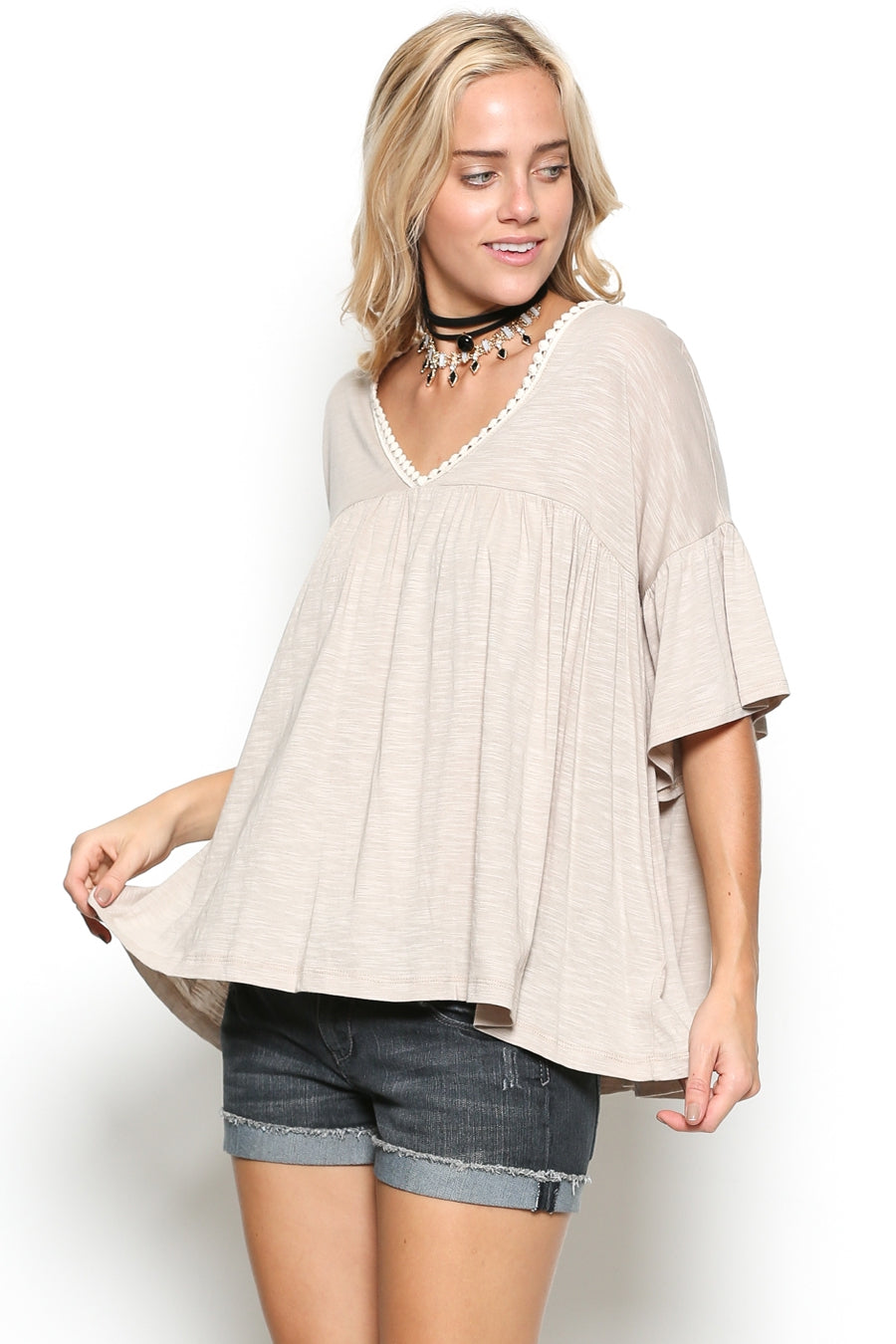Delicate casual ruffle tunic with lace detail and half dolman sleeve  Ivy and Pearl Boutique   