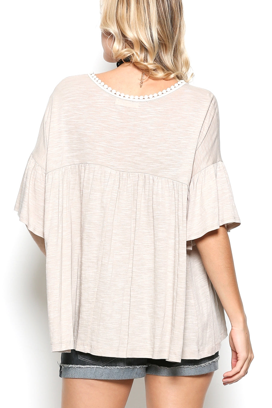 Delicate casual ruffle tunic with lace detail and half dolman sleeve  Ivy and Pearl Boutique   