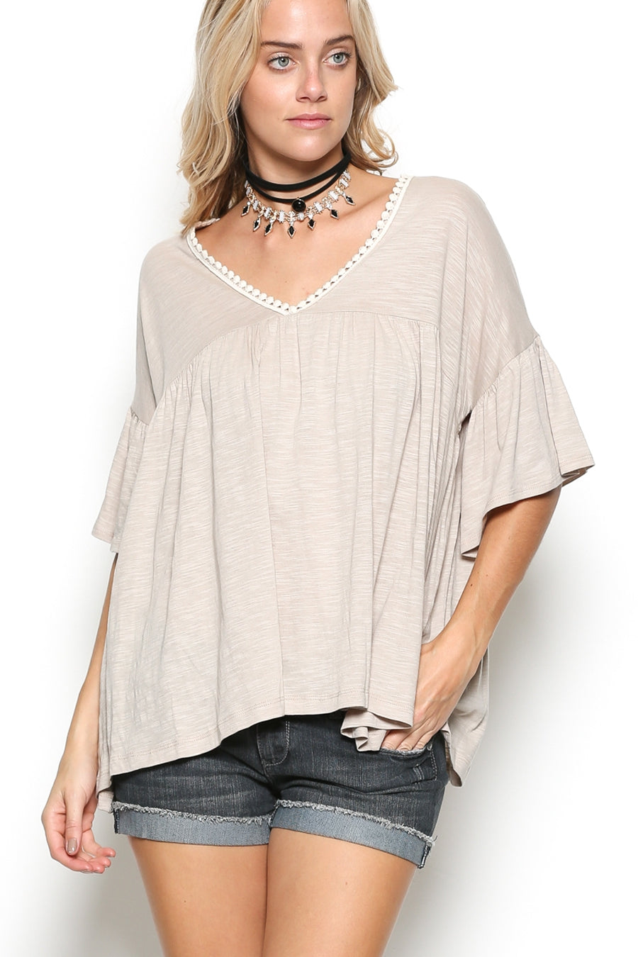 Delicate casual ruffle tunic with lace detail and half dolman sleeve  Ivy and Pearl Boutique Khaki S 