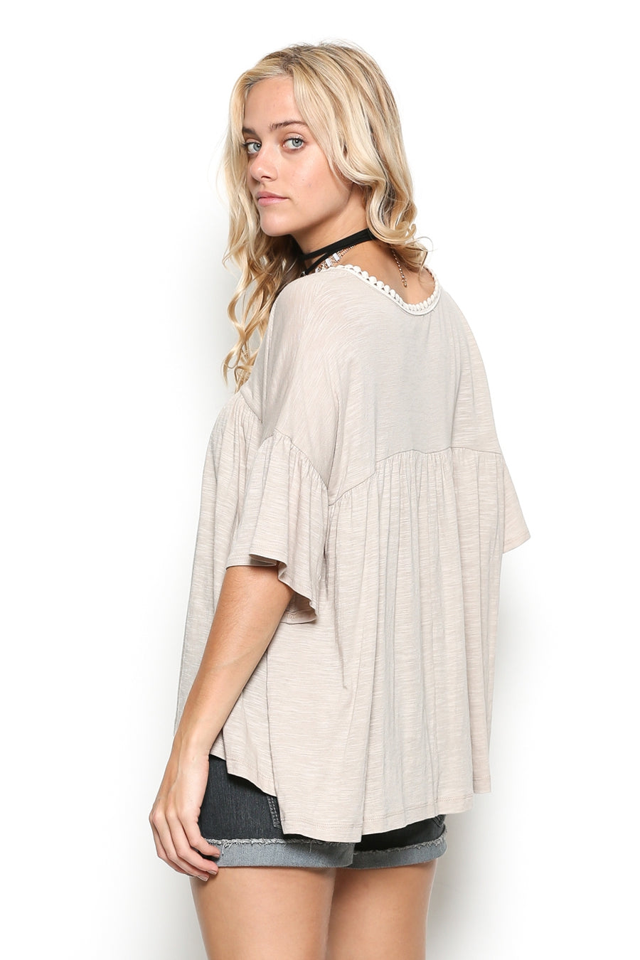 Delicate casual ruffle tunic with lace detail and half dolman sleeve  Ivy and Pearl Boutique   