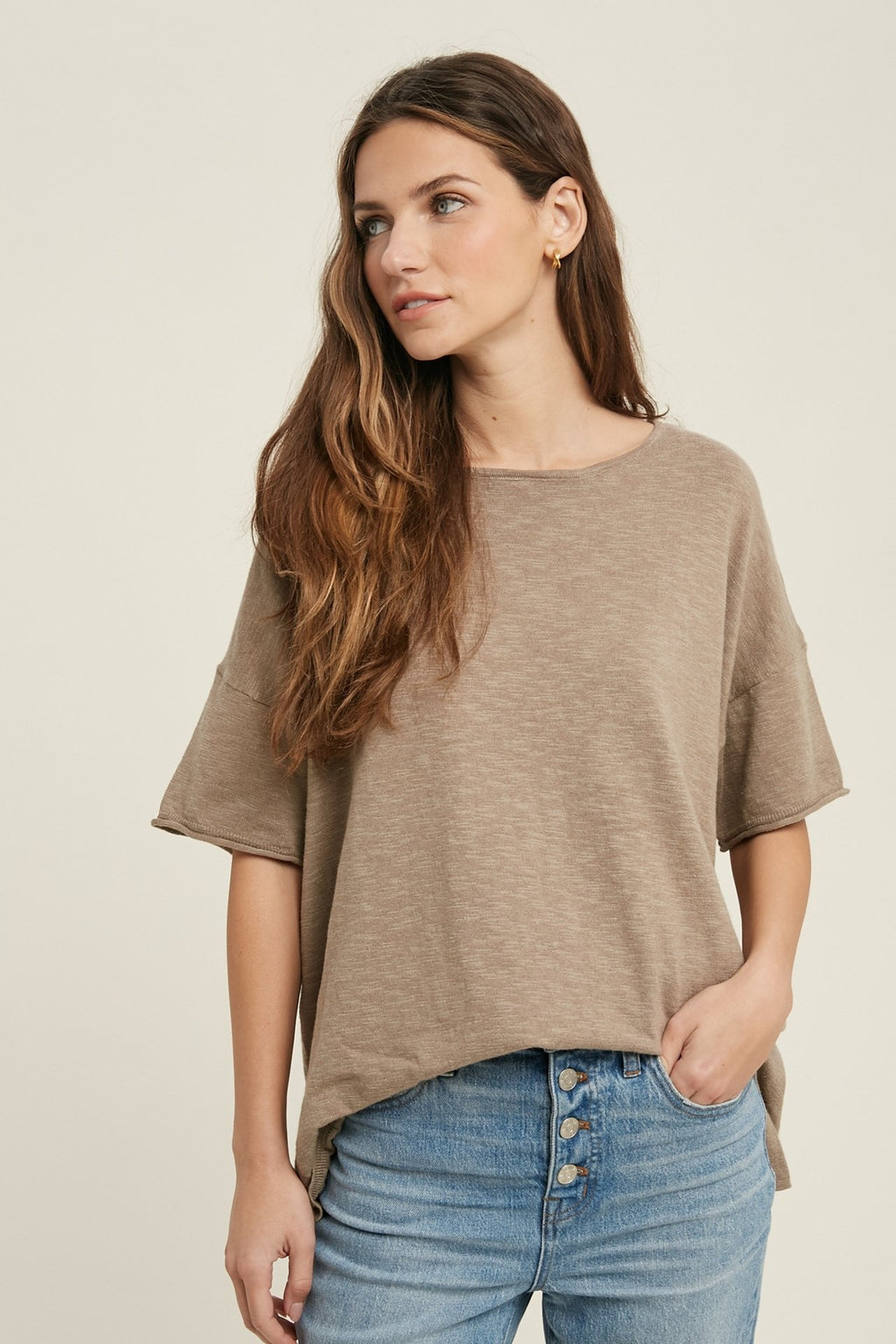 Oversized drop shoulder slub knit top with side slit detail  Ivy and Pearl Boutique Mocha M/L 