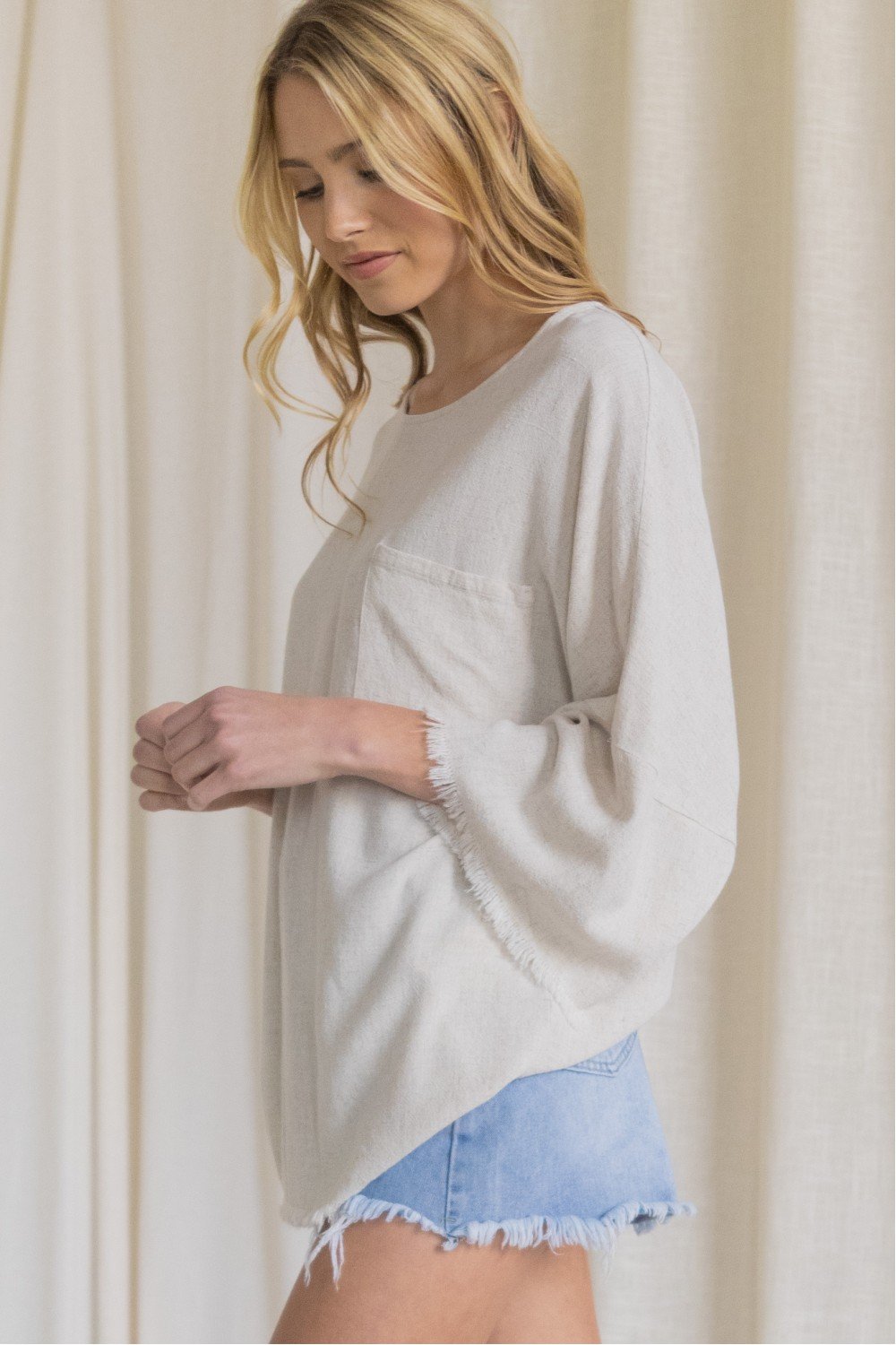 Oversized front pocket linen raw edge top  Ivy and Pearl Boutique Natural S 