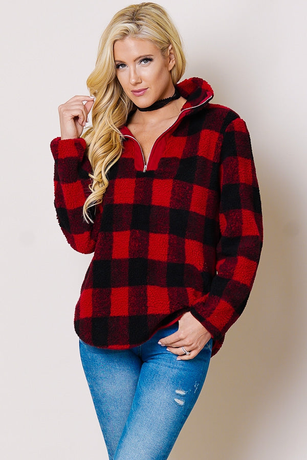 Plaid collared zip-up neck long sleeve sherpa overwear  Ivy and Pearl Boutique Gray S 
