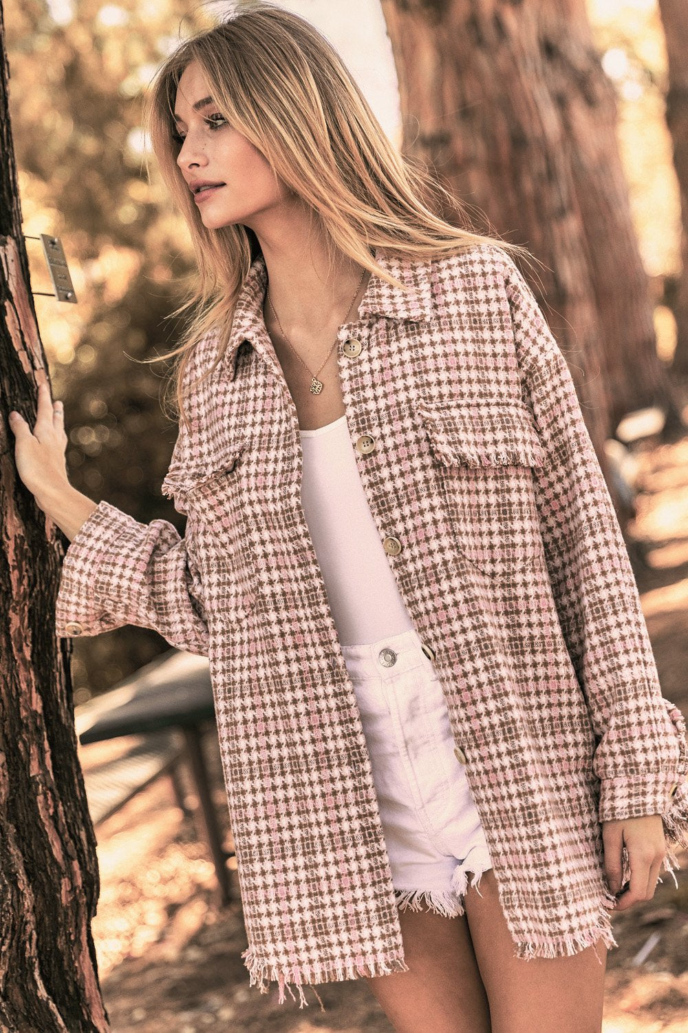 Plaid long sleeve jacket (shacket) with front pocket  Ivy and Pearl Boutique S  