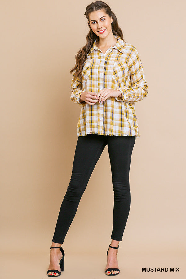 Plaid print long sleeve button front collared top with frayed hem and chest pockets  Ivy and Pearl Boutique   