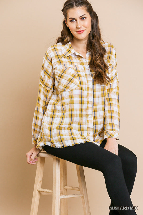 Plaid print long sleeve button front collared top with frayed hem and chest pockets  Ivy and Pearl Boutique Mustard Yellow S 