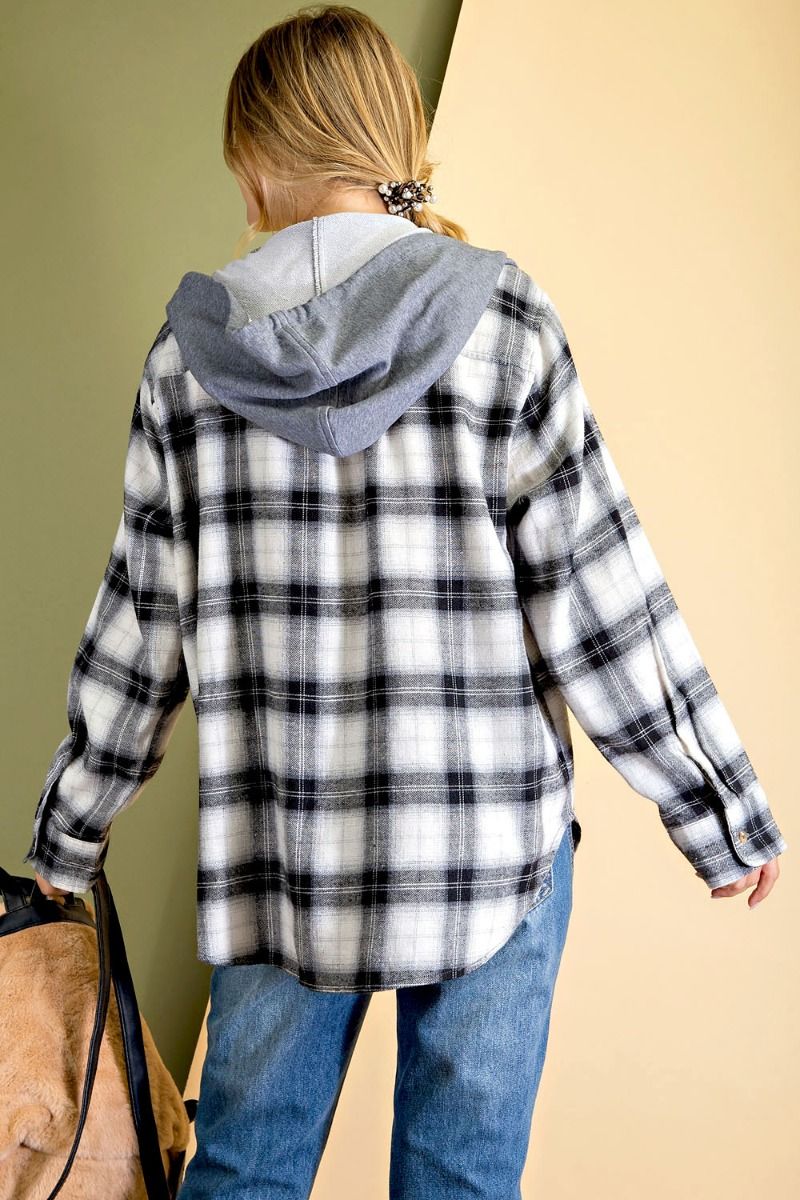 Plaid Button-down hoodie with rounded bottom hem