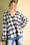 Plaid Button-down hoodie with rounded bottom hem  Ivy and Pearl Boutique Black S 