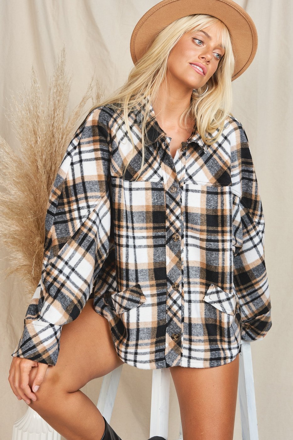 Plaid print button-front oversized top  Ivy and Pearl Boutique   