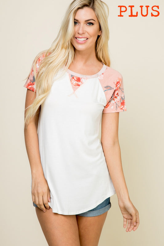 Plus size partially floral printed solid short-sleeve contrast top  Ivy and Pearl Boutique Mauve 1XL 