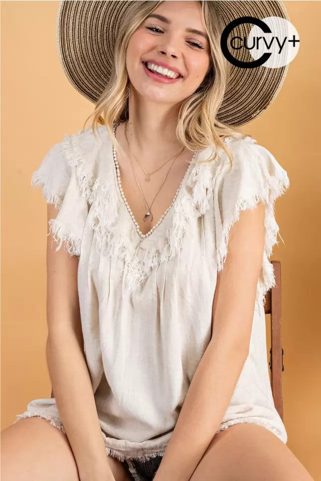 Ruffle sleeve linen woven top  Ivy and Pearl Boutique Oat 1XL 