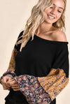 Popcorn Waffle Top with Floral Print Color Block Puff Sleeves  Ivy and Pearl Boutique Black S 