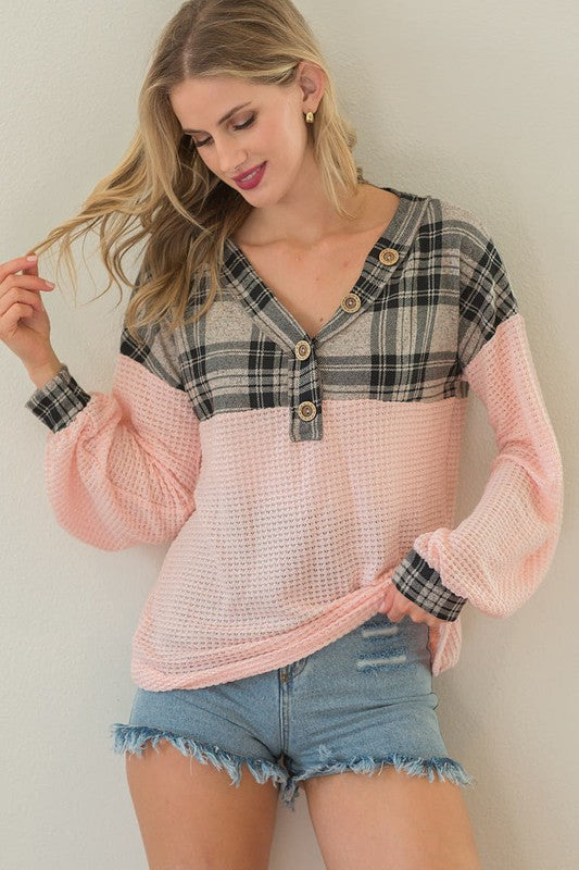 Popcorn Waffle V-Neck Top with Plaid Yoke  Ivy and Pearl Boutique   