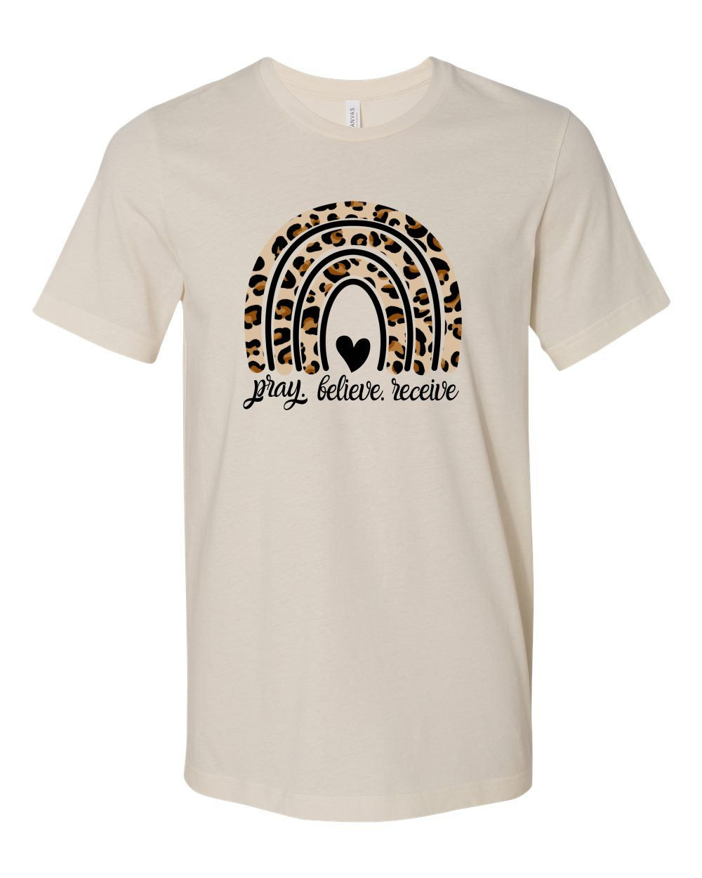 Pray Believe Receive Leopard Rainbow Crew Neck Softstyle Tee  Ivy and Pearl Boutique Cream S 