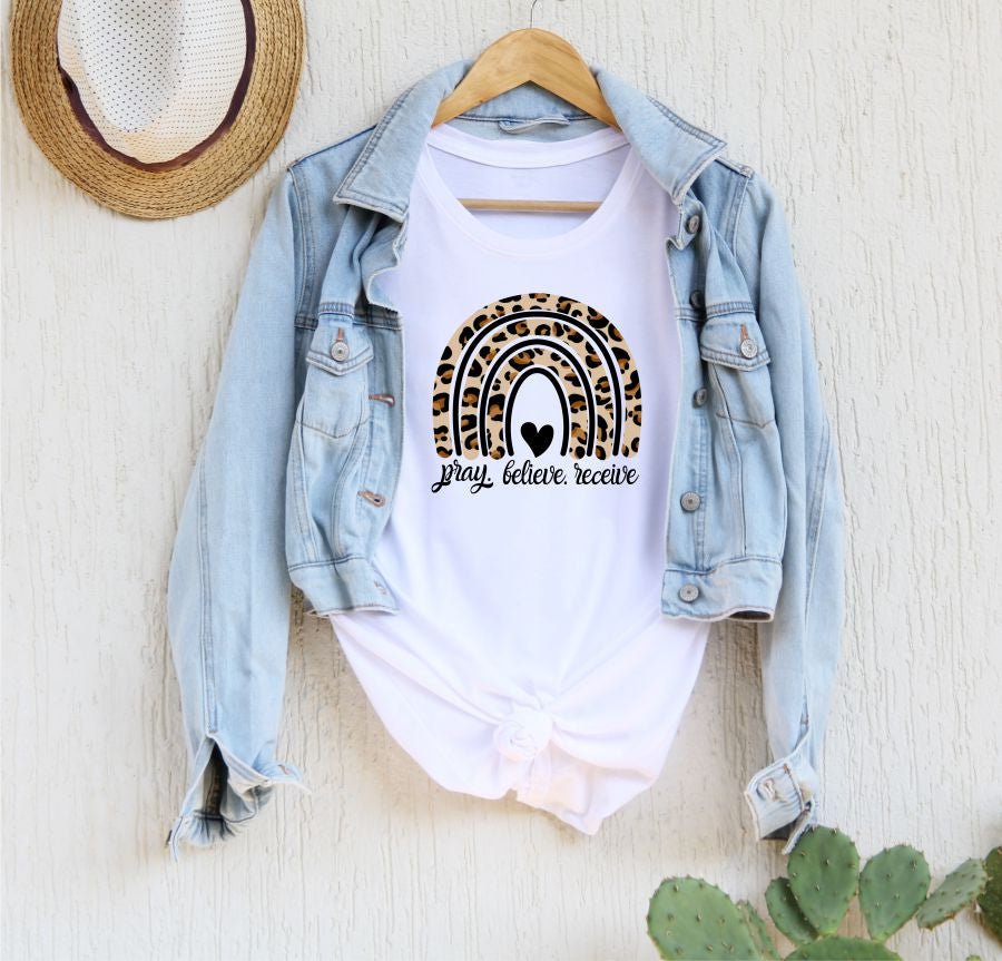 Pray Believe Receive Leopard Rainbow Crew Neck Softstyle Tee  Ivy and Pearl Boutique White S 
