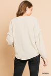 Linen blend long puff sleeve button front V-neck top with center knot and ruffle details  Ivy and Pearl Boutique   