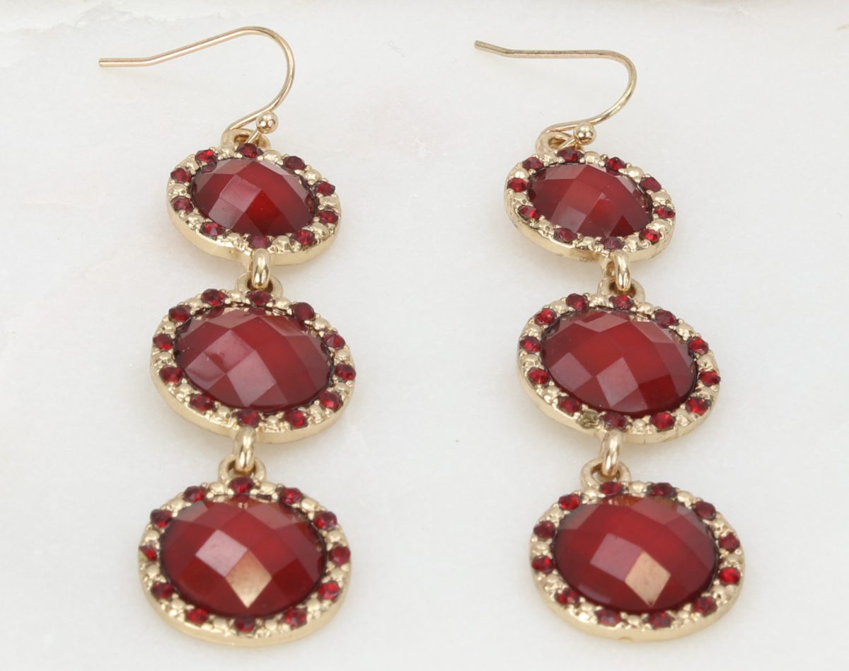 Red faceted tri-disc dangle earrings  Ivy and Pearl Boutique   