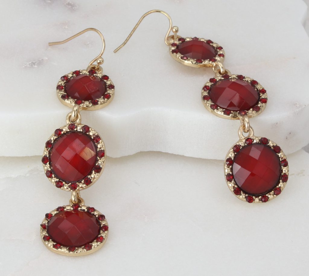 Red faceted tri-disc dangle earrings  Ivy and Pearl Boutique   