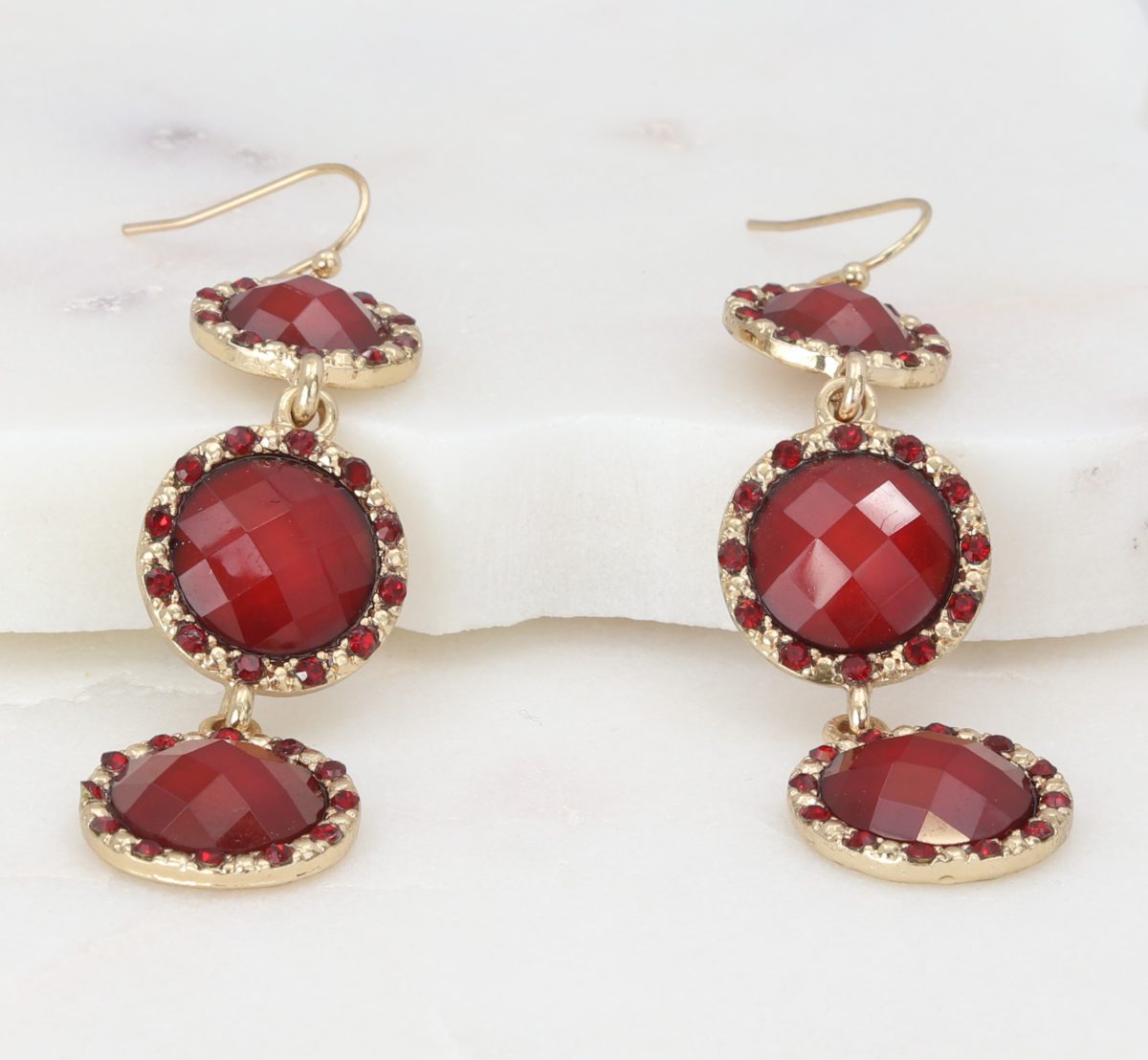 Red faceted tri-disc dangle earrings  Ivy and Pearl Boutique   