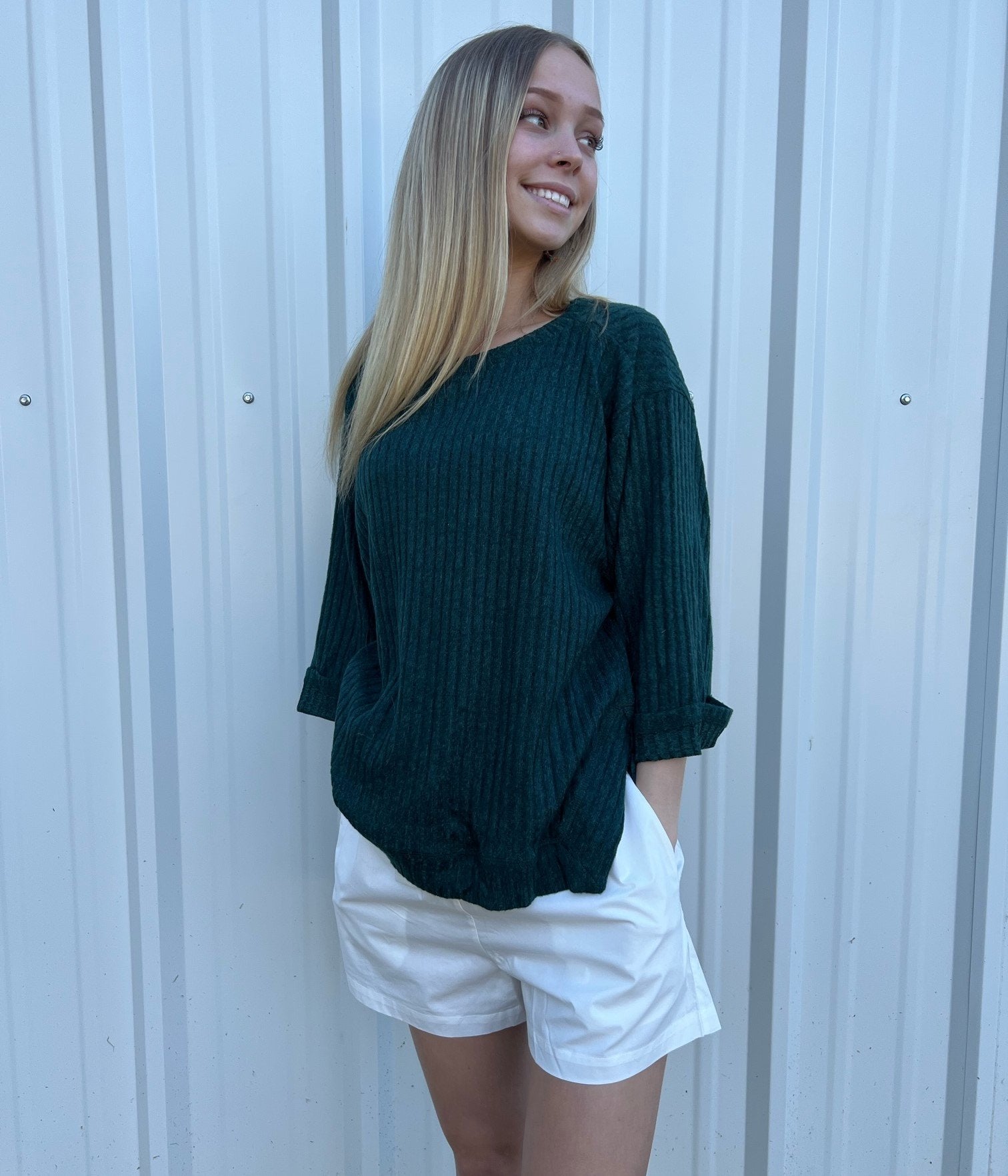 Ribbed knit 3/4 folded sleeve round neck top with side slits and high-low hem  Ivy and Pearl Boutique Green S 