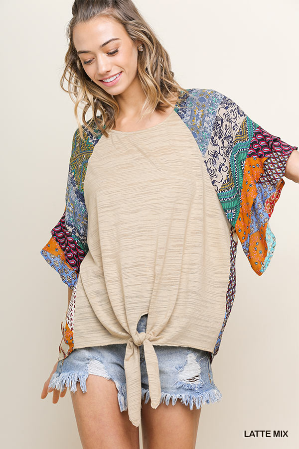 Mixed print round neck heathered knit top with layered ruffle sleeves and waist tie  Ivy and Pearl Boutique Beige S 