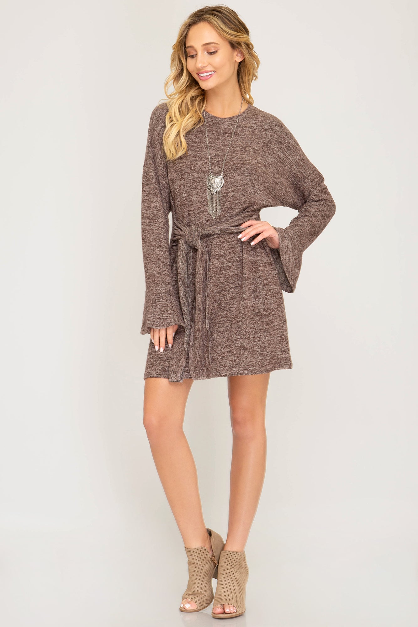 Ruffled long sleeve brushed knit dress with front tie  Ivy and Pearl Boutique   