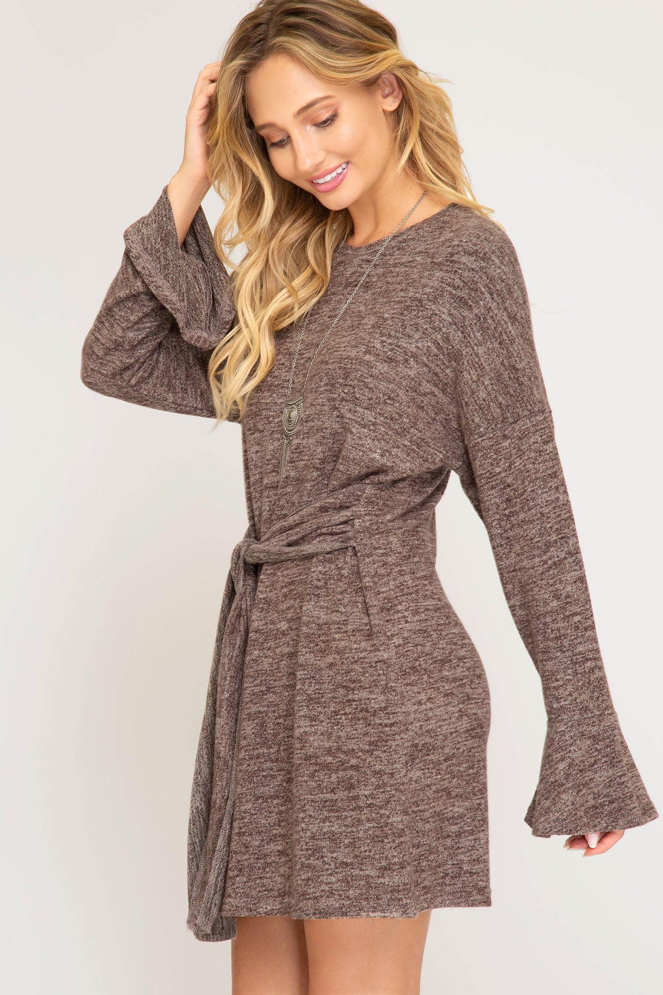 Ruffled long sleeve brushed knit dress with front tie  Ivy and Pearl Boutique   