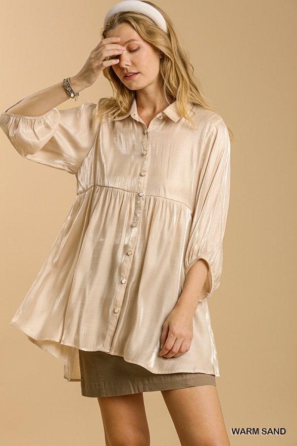 Satin 3/4 sleeve collar button down back tiered tunic dress with high-low hem  Ivy and Pearl Boutique Sand S 