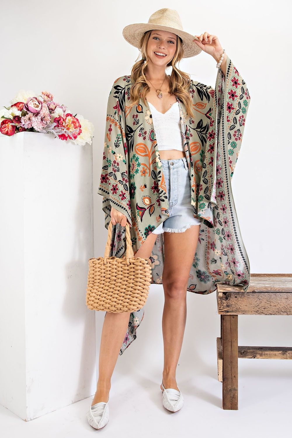 All I Need Flowy Kimono - Scarf Printed Rayon Crepon Kimono  Ivy and Pearl Boutique Olive Gray S 