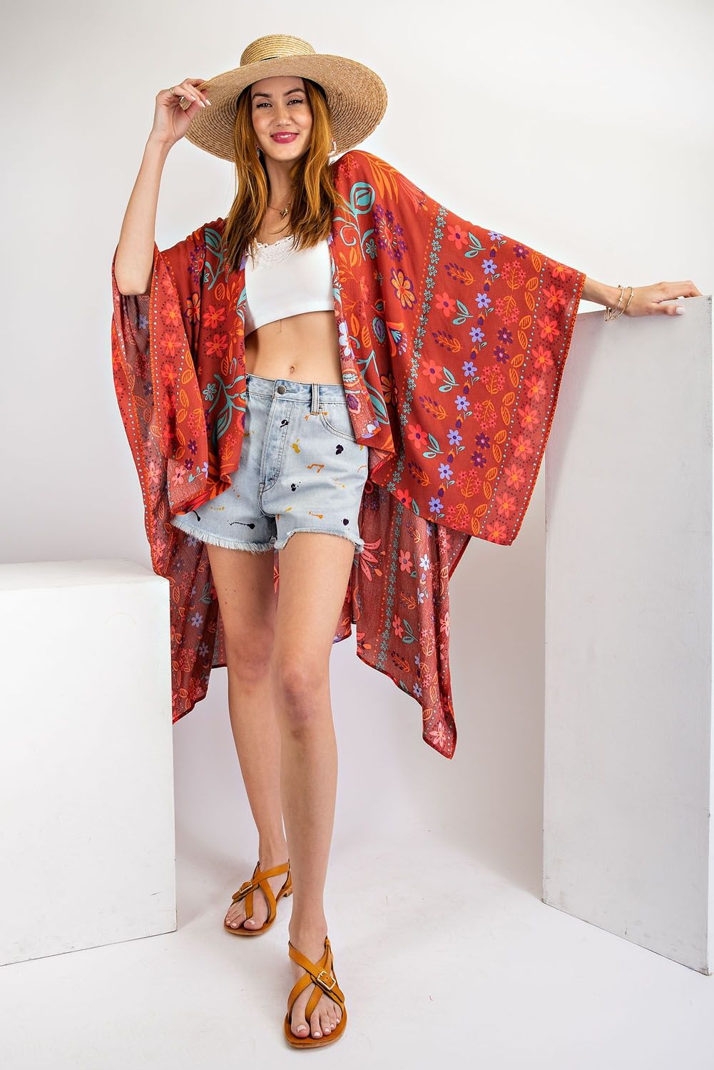 All I Need Flowy Kimono - Scarf Printed Rayon Crepon Kimono  Ivy and Pearl Boutique Scarlet S 