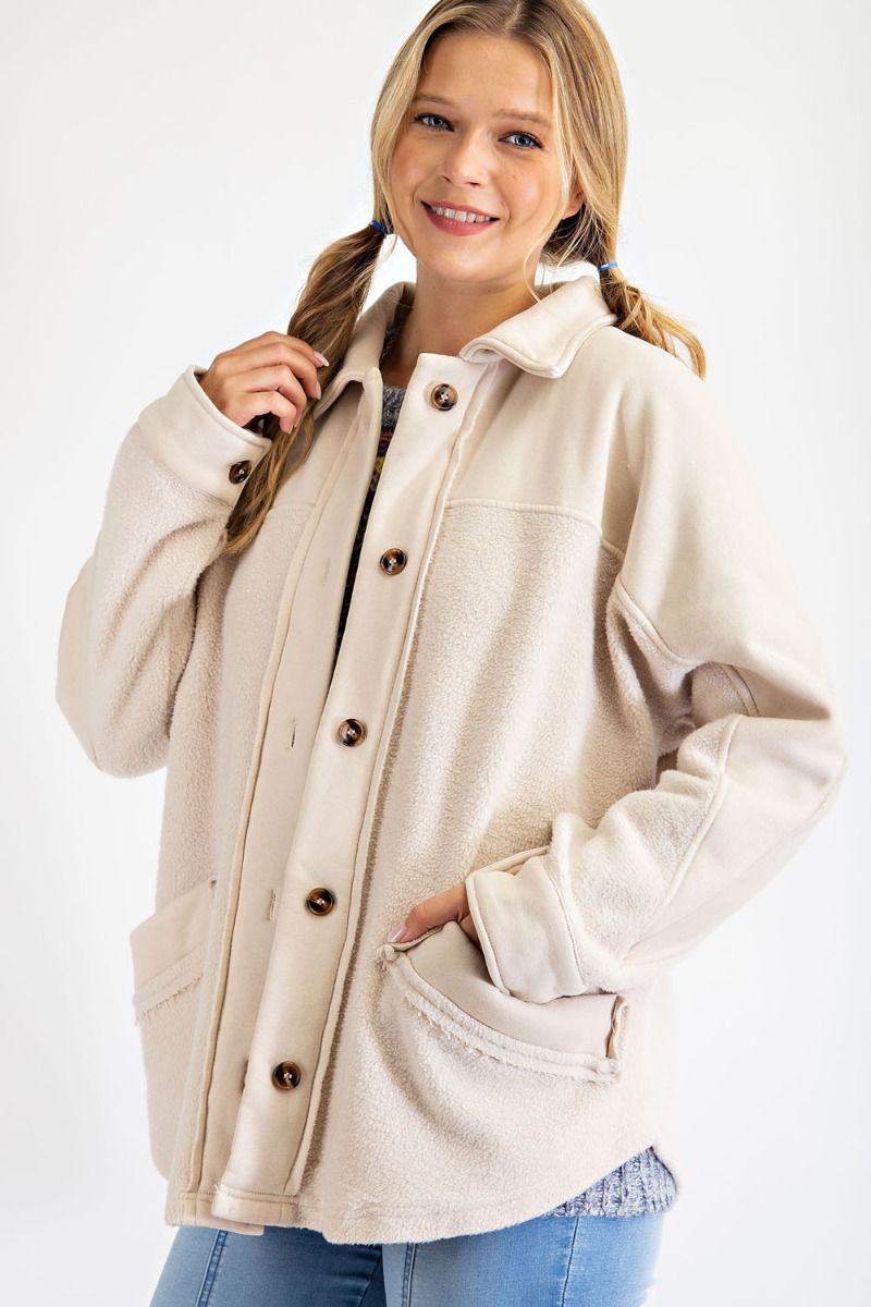 Search For Joy Brushed Button Down Jacket  Ivy and Pearl Boutique Beige S 