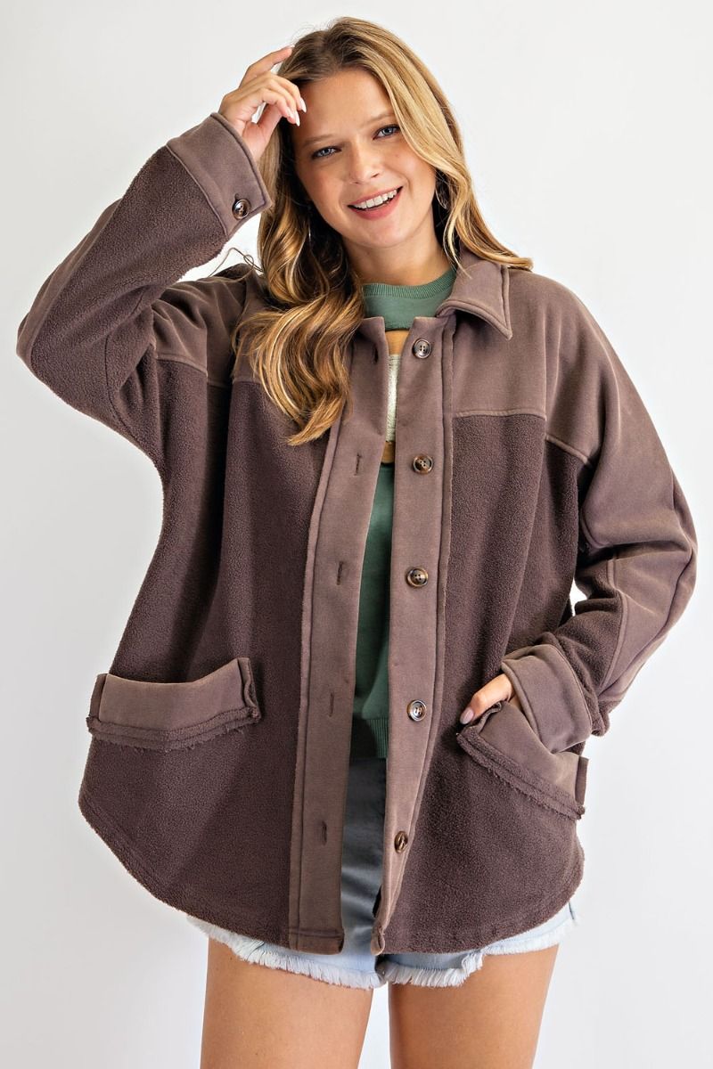 Search For Joy Brushed Button Down Jacket  Ivy and Pearl Boutique Mocha S 
