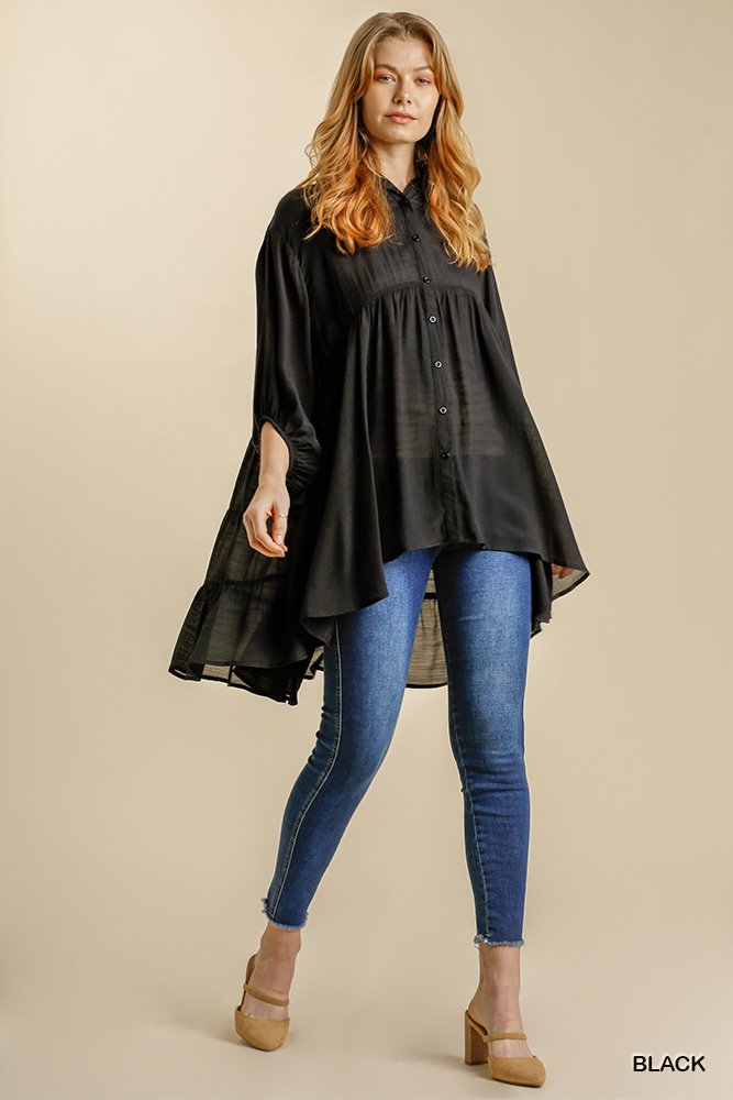 Sheer 3/4 Sleeve Collar Button Down Back Tiered Tunic Dress with High Low Hem  Ivy and Pearl Boutique Black S 