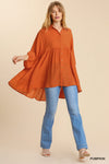 Sheer 3/4 Sleeve Collar Button Down Back Tiered Tunic Dress with High Low Hem  Ivy and Pearl Boutique Pumpkin S 