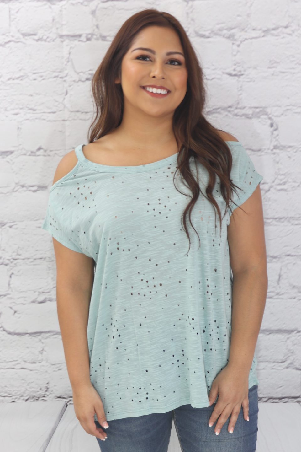 Short sleeve cold shoulders top with punched modal fabric  Ivy and Pearl Boutique   