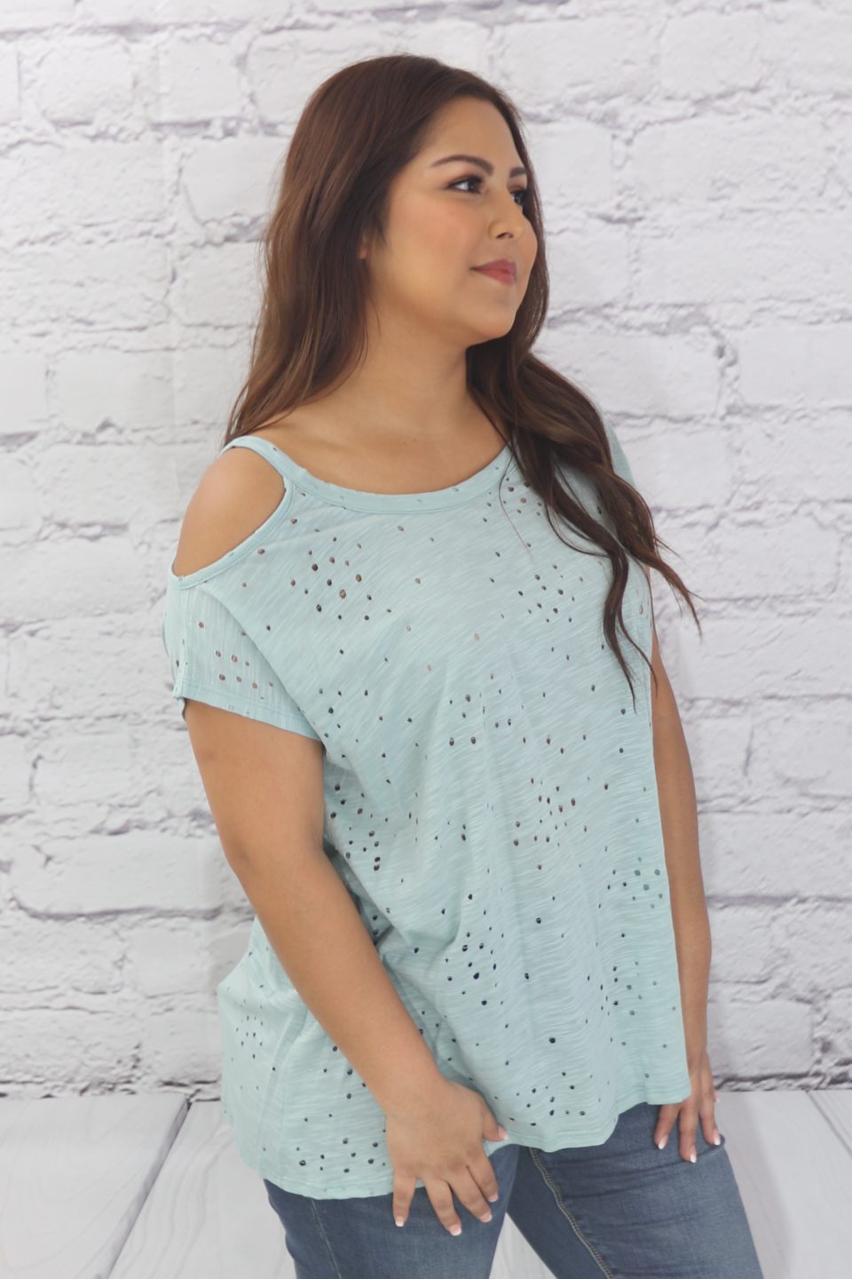 Short sleeve cold shoulders top with punched modal fabric  Ivy and Pearl Boutique   