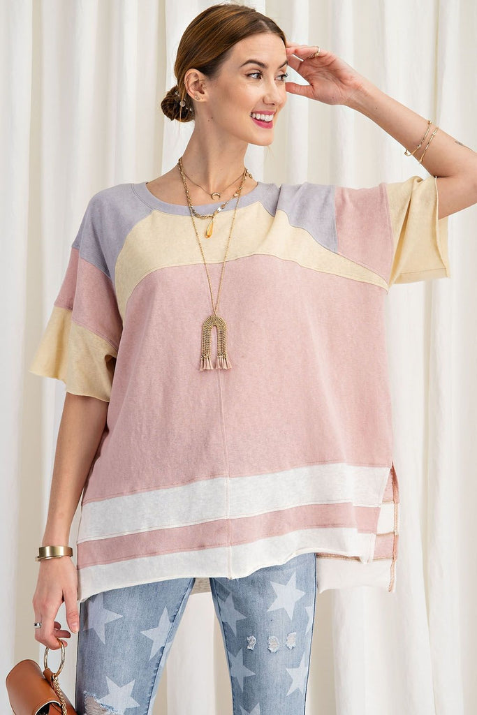 Keep it Real Color Blocked Top - Short Sleeve Cotton Jersey Loose Fit Top - available in 3 colors  Ivy and Pearl Boutique Rose S 