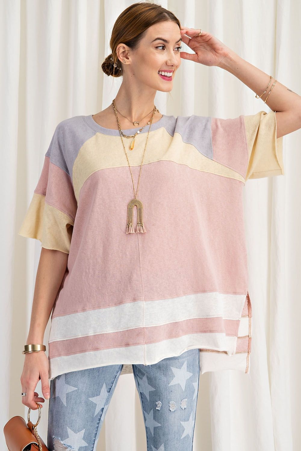 Keep it Real Color Blocked Top - Short Sleeve Cotton Jersey Loose Fit Top - available in 3 colors  Ivy and Pearl Boutique Rose S 