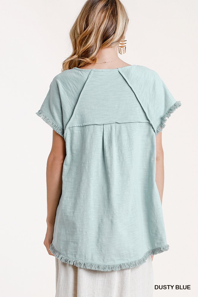 Short Sleeve Round Neck Top with High Low Scoop Frayed Ruffle Hem  Ivy and Pearl Boutique   