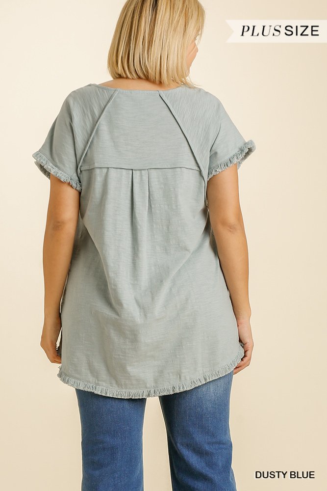 Short Sleeve Round Neck Top with High Low Scoop Frayed Ruffle Hem  Ivy and Pearl Boutique   