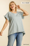 Short Sleeve Round Neck Top with High Low Scoop Frayed Ruffle Hem  Ivy and Pearl Boutique Dusty Blue XL 