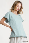 Short Sleeve Round Neck Top with High Low Scoop Frayed Ruffle Hem  Ivy and Pearl Boutique Dusty Blue S 
