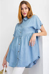 Short sleeve washed denim button down shirt tunic top  Ivy and Pearl Boutique S  