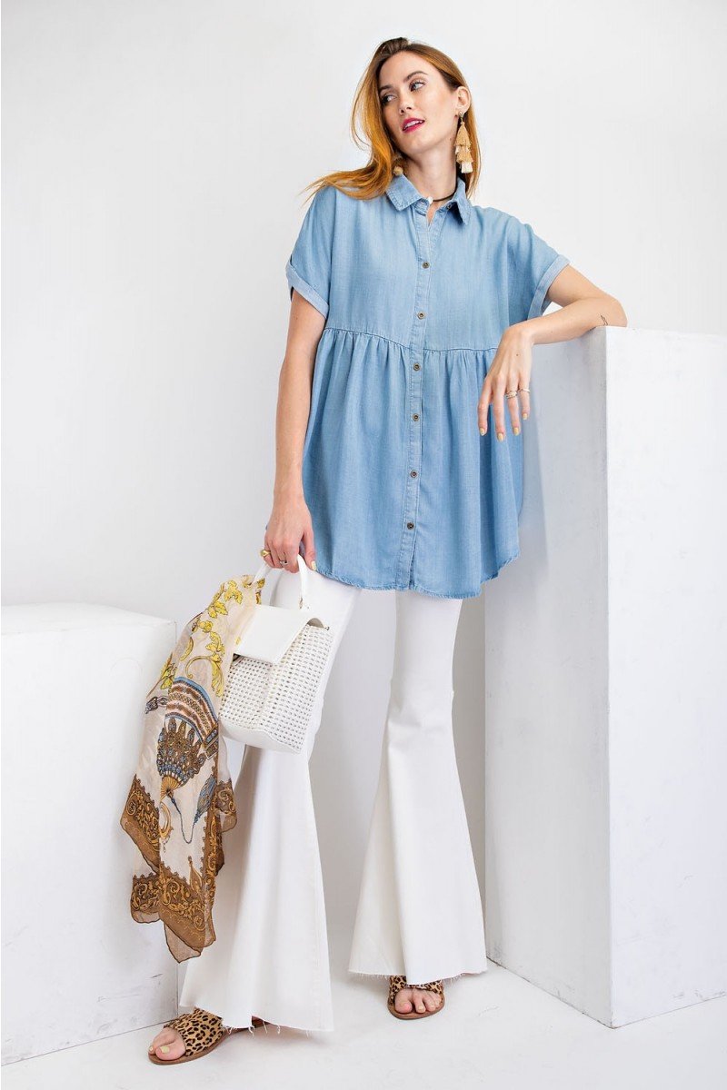 Short sleeve washed denim button down shirt tunic top  Ivy and Pearl Boutique   